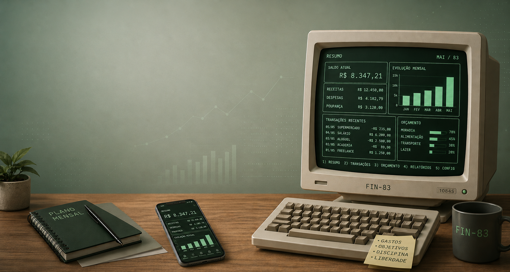 Retro 1980s desk with a FIN-83 computer showing a financial dashboard